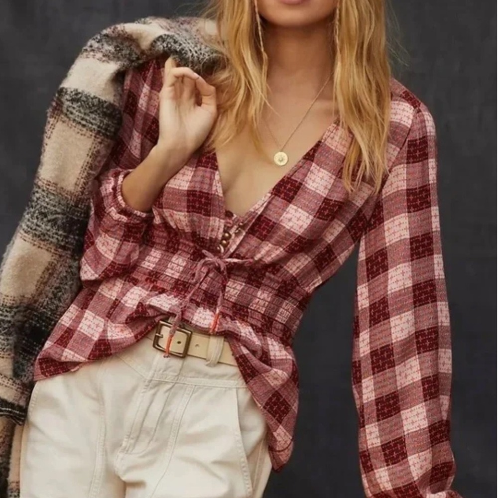 Anthropologie Red & Pink Plaid Peplum Blouse